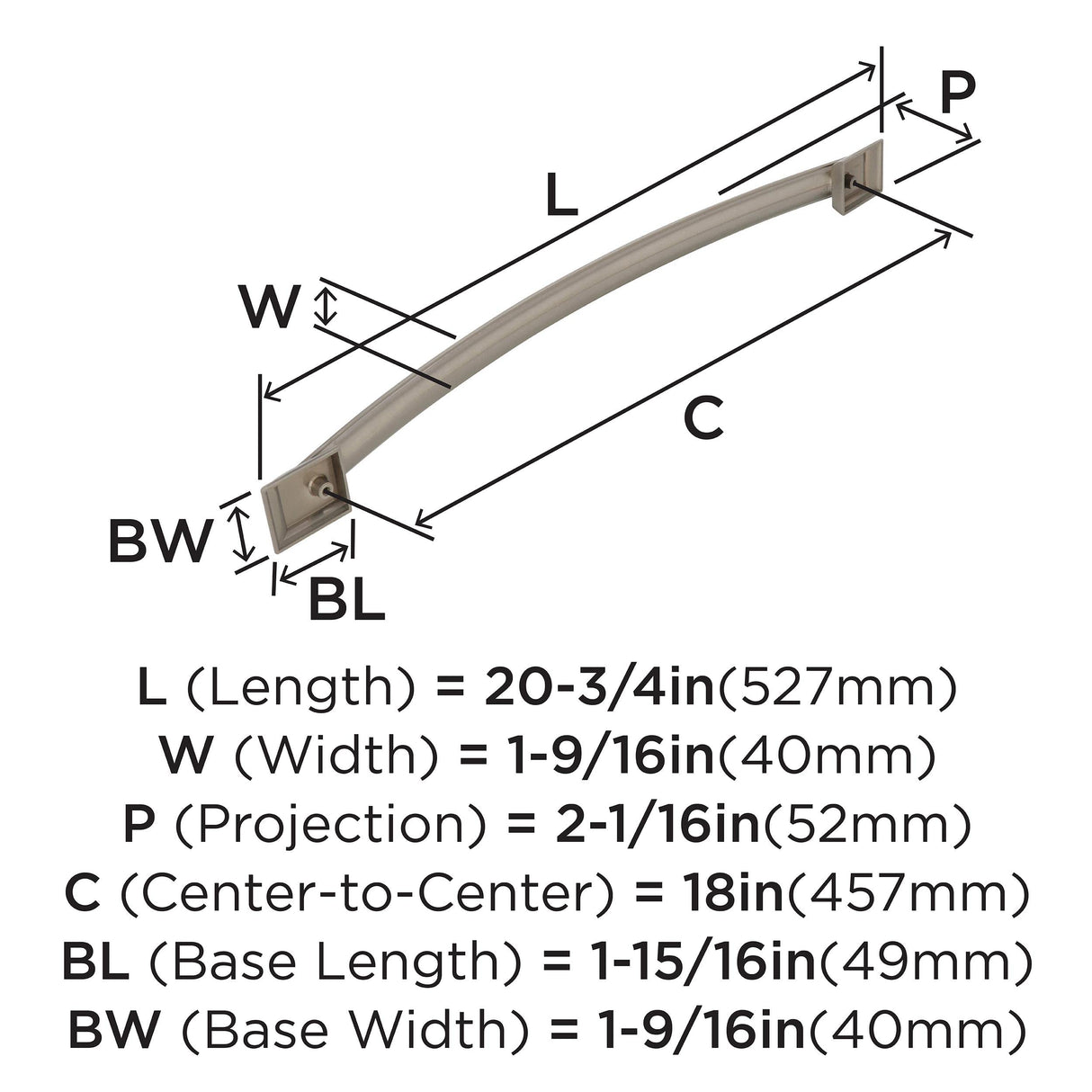 Amerock Appliance Pull Satin Nickel 18 inch (457 mm) Center to Center Candler 1 Pack Drawer Pull Drawer Handle Cabinet Hardware