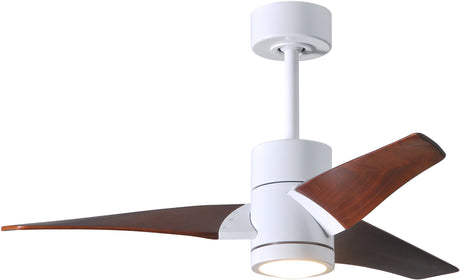 Matthews Fan SJ-WH-WN-42 Super Janet three-blade ceiling fan in Gloss White finish with 42” solid walnut tone blades and dimmable LED light kit 