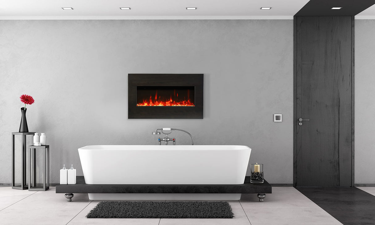 Amantii BI-30-XTRASLIM Panorama Xtraslim Full View Smart Electric  - 30" Indoor /Outdoor WiFi Enabled  Fireplace, featuring a MultiFunction Remote, Multi Speed Flame Motor, Glass Media & a Black Trim
