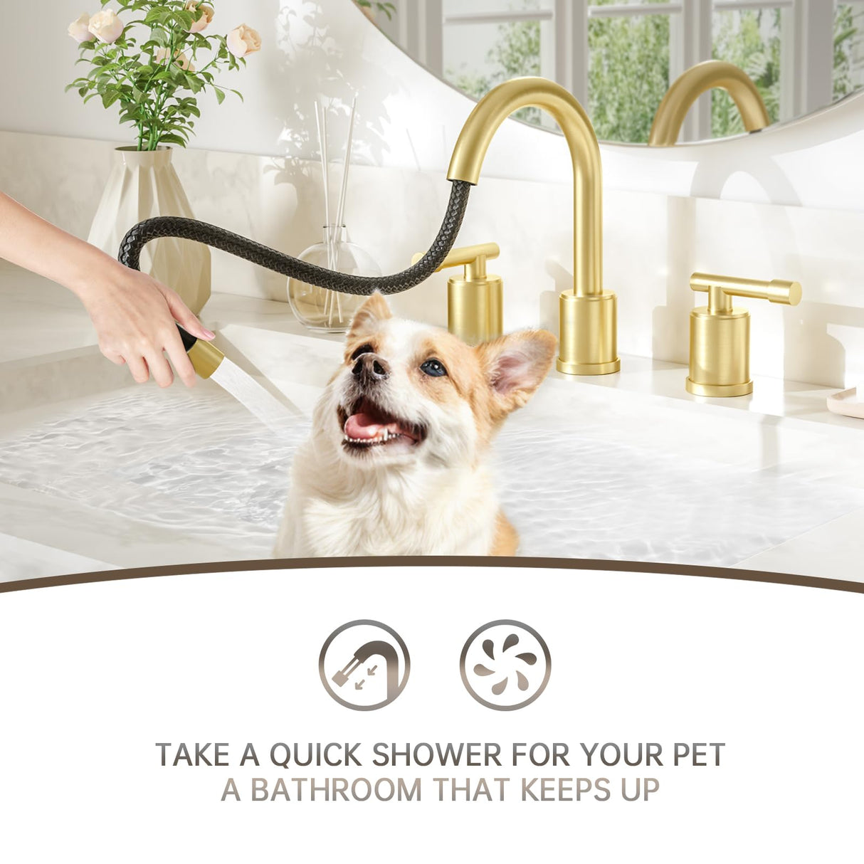 8-Inch Three-Hole Bathroom Faucet with Pull-Down Sprayer, Widespread Design, Metal Pop-Up Drain, Water Supply Lines, and Two Handles