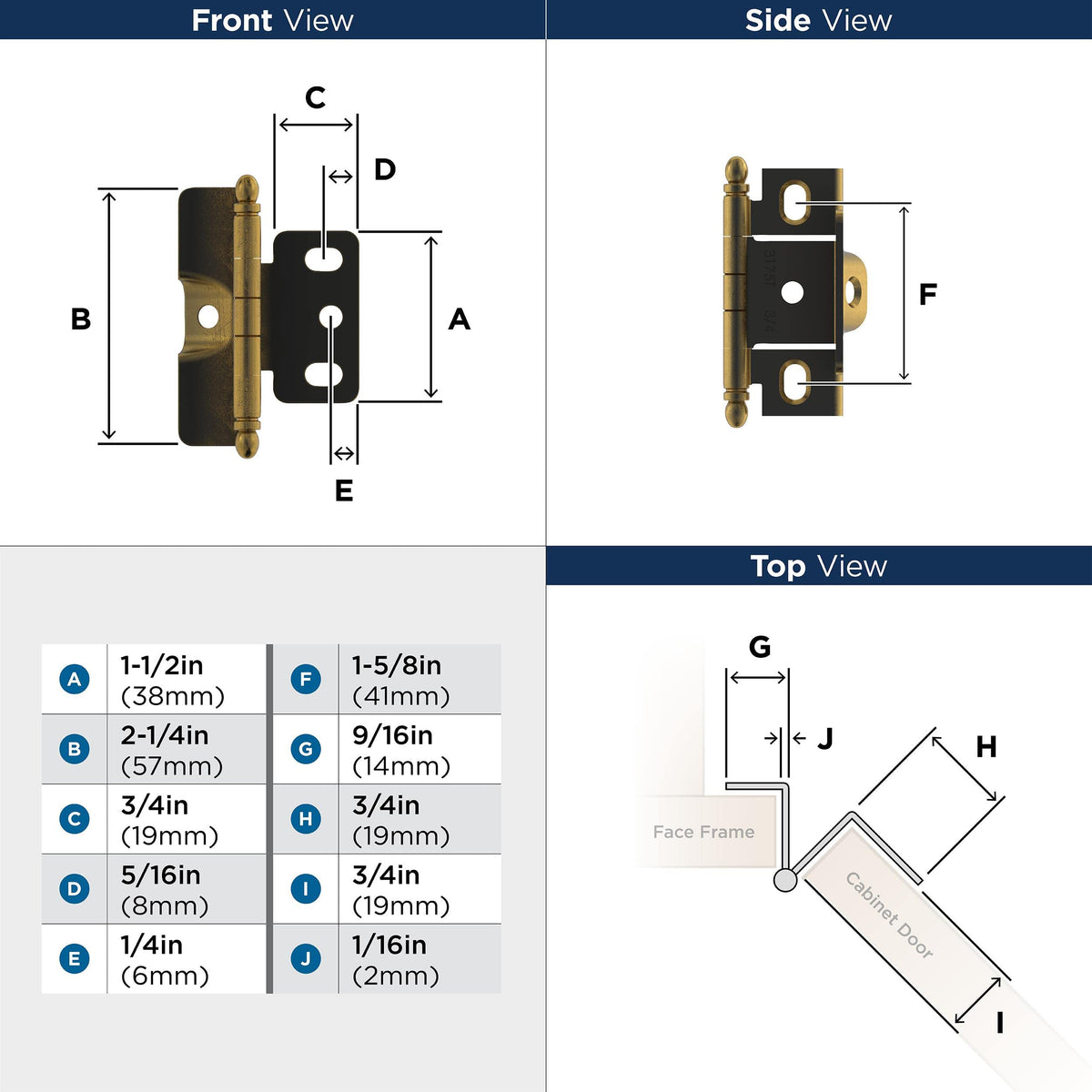 Amerock Cabinet Hinge Full Wrap Hinge Antique Brass 1 Pack Non Self-Closing Hinge |3/4 inch (19 mm) Door Thickness Cabinet Door Hinge