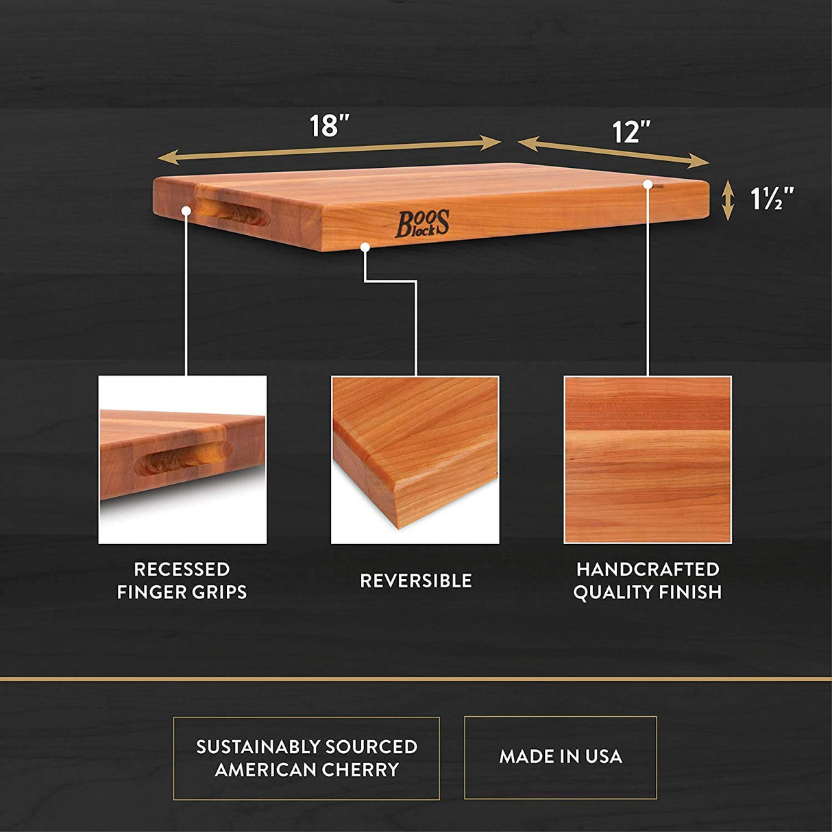 John Boos CHY-R01 Cherry Wood Cutting Board for Kitchen Prep, 1.5 Inch Thick, Large Edge Grain Rectangular Reversible Charcuterie Block, 18" x 12" 1.5" 18X12X1.5 CHY-EDGE GR-REV-