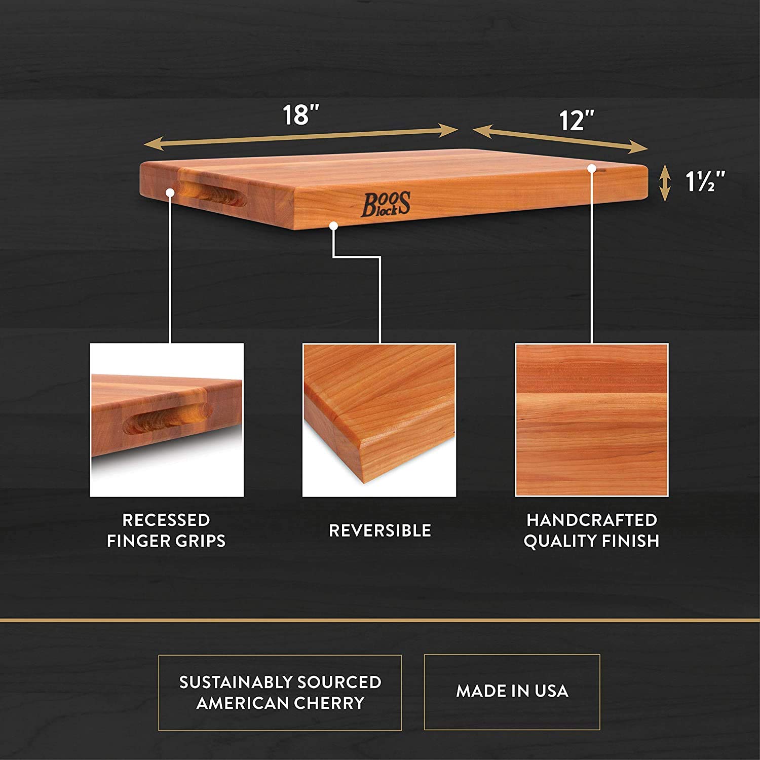 John Boos CHY-R01 Cherry Wood Cutting Board for Kitchen Prep, 1.5 Inch Thick, Large Edge Grain Rectangular Reversible Charcuterie Block, 18" x 12" 1.5" 18X12X1.5 CHY-EDGE GR-REV-