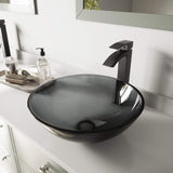 VIGO VGT459 16.5" L -16.5" W -12.0" H Sheer Handmade Countertop Glass Round Vessel Bathroom Sink Set in Sheer Black Finish with Matte Black Single-Handle Single Hole Faucet and Pop Up Drain