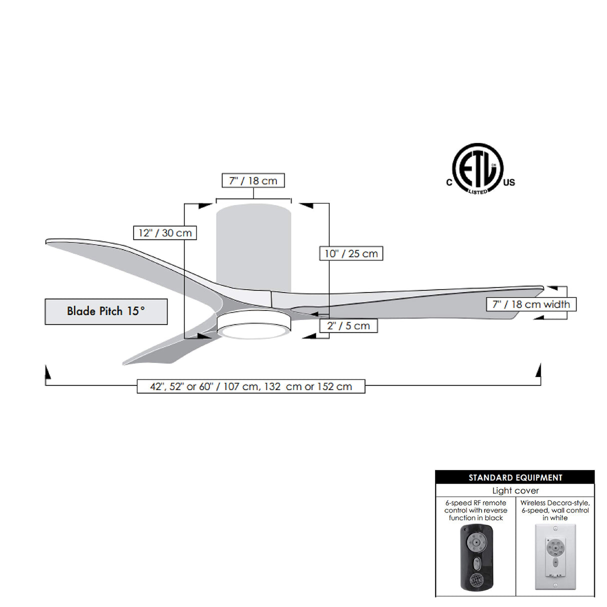 Matthews Fan IR3HLK-BRBR-BK-60 Irene-3HLK three-blade flush mount paddle fan in Brushed Brass finish with 60” solid matte black wood blades and integrated LED light kit.