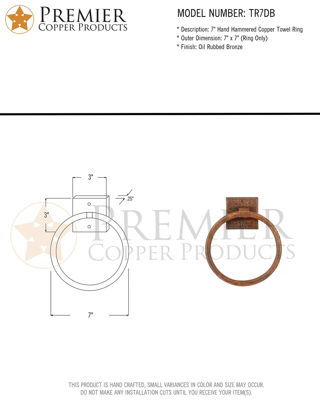 Premier Copper Products TR7DB 7-Inch Hand Hammered Copper Towel Ring, Oil Rubbed Bronze