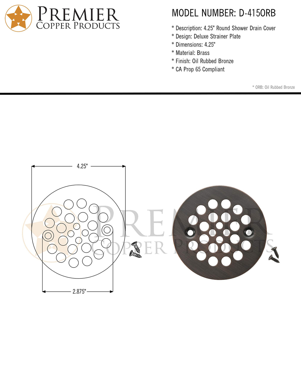 Premier Copper Products D-415ORB 4.25-Inch Round Shower Drain Cover, Oil Rubbed Bronze