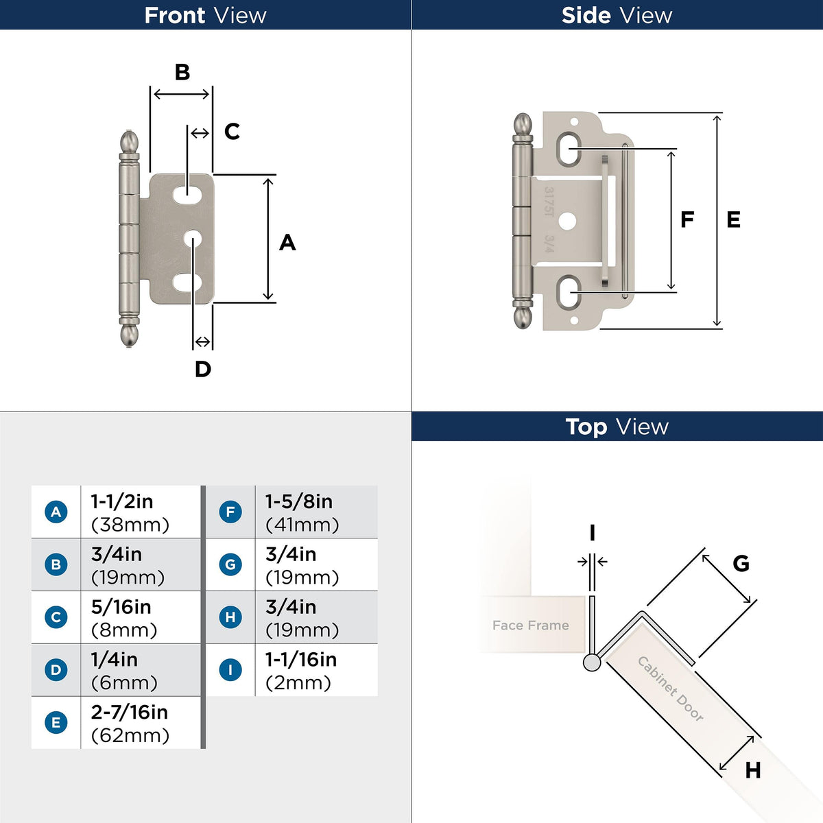 Amerock Cabinet Hinge 3/4 inch (19 mm) Door Thickness Hinge Satin Nickel 1 Pack Non Self-Closing Hinge Partial Wrap Hinge Cabinet Door Hinge