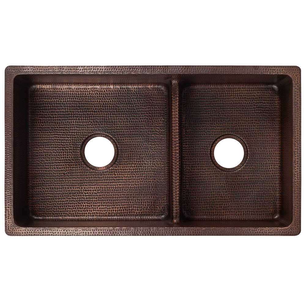Premier Copper Products K60DB33199-SD5 33" Hammered Copper Kitchen 60/40 Double Basin Sink with Short 5" Divider