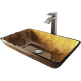 VIGO VGT513 22.25" L -14.25" W -12.0" H Handmade Countertop Glass Rectangle Vessel Bathroom Sink Set in Copper Finish with Brushed Nickel Single-Handle Single Hole Faucet and Pop Up Drain