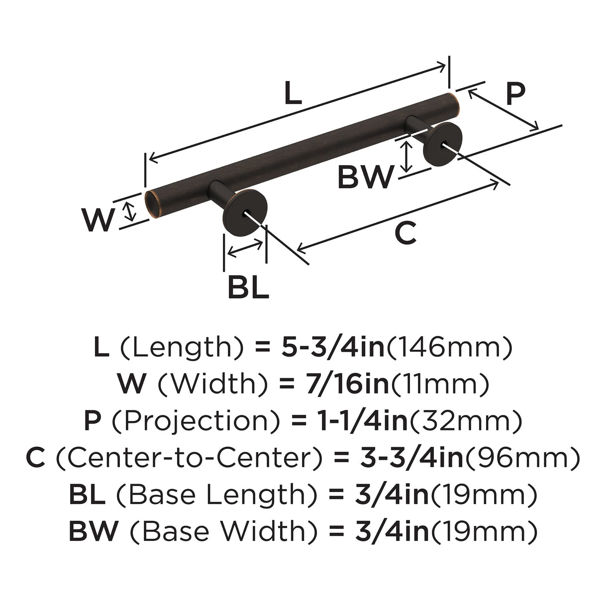 Amerock Cabinet Pull Oil Rubbed Bronze 3-3/4 inch (96 mm) Center-to-Center Radius 1 Pack Drawer Pull Cabinet Handle Cabinet Hardware