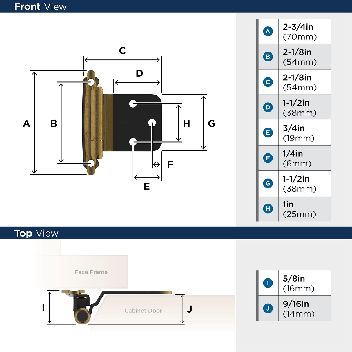 Amerock Cabinet Hinge Variable Overlay, Reverse Bevel Hinge Antique Brass 2 Pack Self-Closing Hinge Face Mount Hinge Cabinet Door Hinge