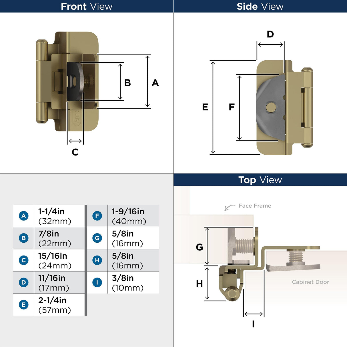 Amerock BPR8700BBZ Cabinet Hinge 3/8 in (10 mm) Inset Double Demountable Golden Champagne Kitchen Cabinet Door Hinge 1 Pair/2 Pack Functional Hardware