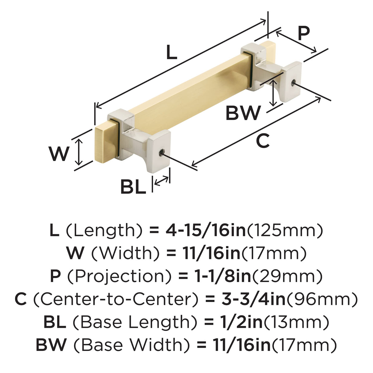 Amerock Cabinet Pull Brushed Gold/Satin Nickel 3-3/4 inch (96 mm) Center to Center Overton 1 Pack Drawer Pull Drawer Handle Cabinet Hardware
