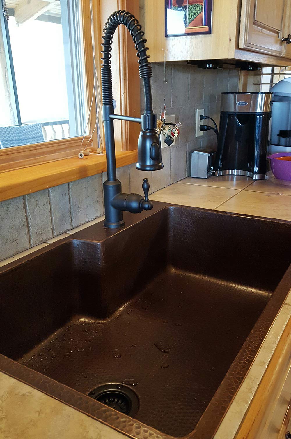 Premier Copper Products KSFDB33229 33-Inch Hammered Copper Kitchen Single Basin Sink with Space for Faucet, Oil Rubbed Bronze