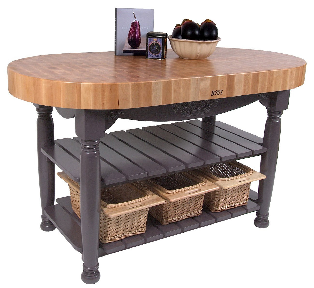 John Boos CU-HAR60-BN American Heritage Red End Grain Maple Harvest Table with 2 Shelves