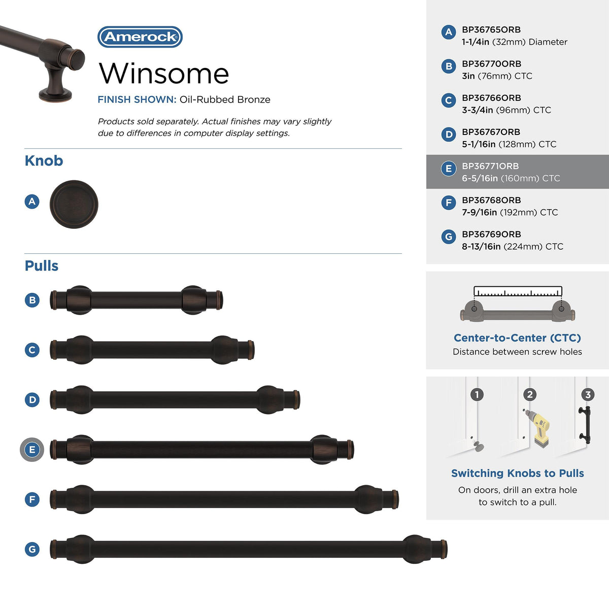 Amerock BP36771ORB Oil Rubbed Bronze Cabinet Pull 6-5/16 in (160 mm) Center-to-Center Cabinet Handle Winsome Drawer Pull Kitchen Cabinet Handle Furniture Hardware
