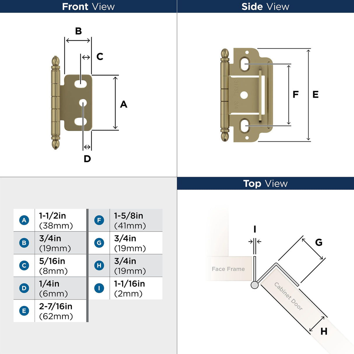 Amerock PK3180TBBBZ Cabinet Hinge 3/4 in. (19 mm) Door Thickness Full Inset Partial Wrap Ball Tip Golden Champagne Kitchen Cabinet Door Hinge Single Hinge Functional Hardware