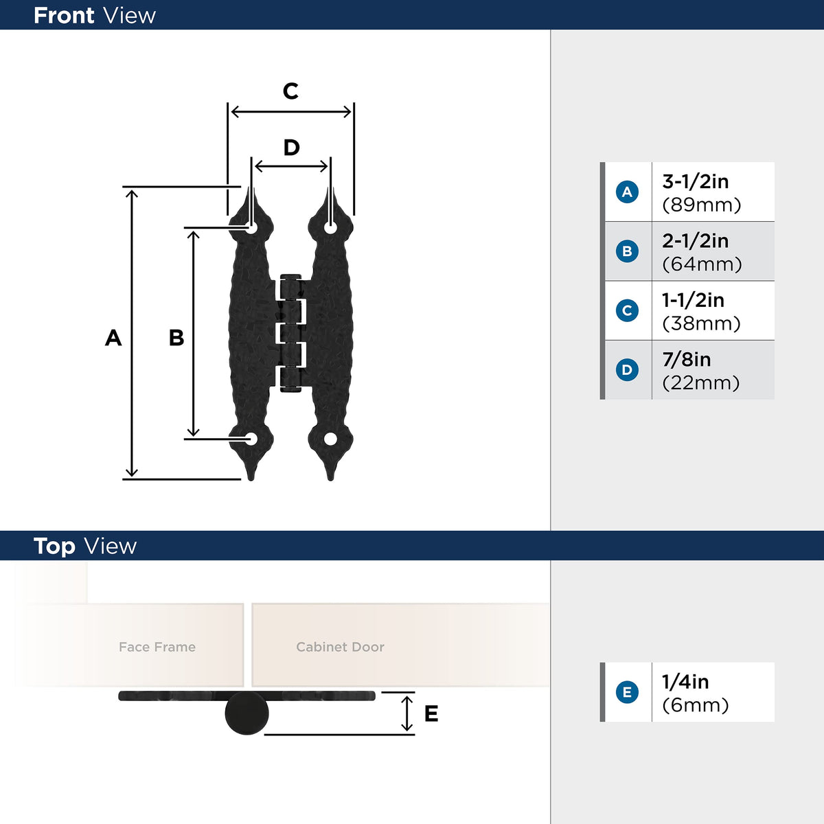 Amerock Cabinet Hinge 3-1/2 inch (89 mm) Length Hinge Colonial Black 2 Pack Non Self-Closing Hinge H-Type Hinge Cabinet Door Hinge