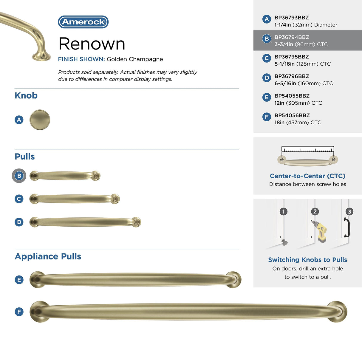 Amerock Cabinet Pull Golden Champagne 3-3/4 in (96 mm) Center-to-Center Drawer Pull Renown Kitchen and Bath Hardware Furniture Hardware