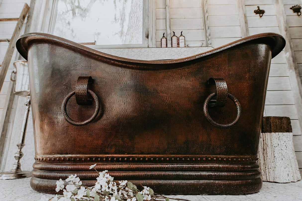 Premier Copper Products BTDR67DB 67-Inch Hammered Copper Double Slipper Bathtub with Rings, Oil Rubbed Bronze