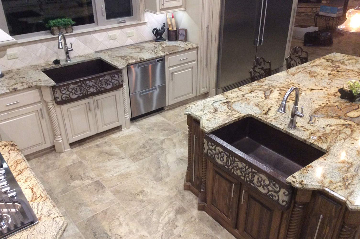 Premier Copper Products 33-Inch Hammered Copper Apron Front Single Basin Kitchen Sink w/ Scroll Design and Nickel Background