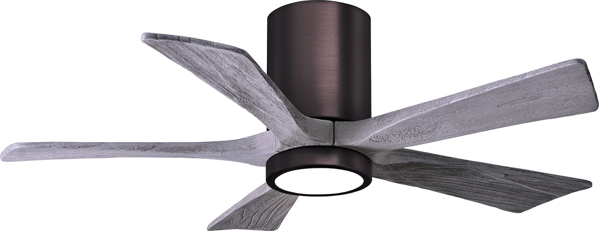 Matthews Fan IR5HLK-BB-BW-42 IR5HLK five-blade flush mount paddle fan in Brushed Bronze finish with 42” solid barn wood tone blades and integrated LED light kit.