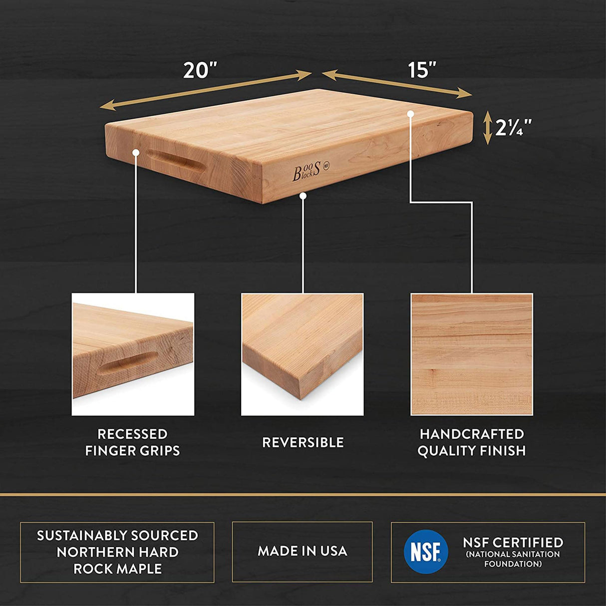 John Boos RA02 Maple Wood Cutting Board for Kitchen Prep 20 Inches x 15 Inches, 2.25 Thick Reversible End Grain Rectangular Charcuterie Block 20X15X2.25 MPL-EDGE GR-REV-GRIPS-