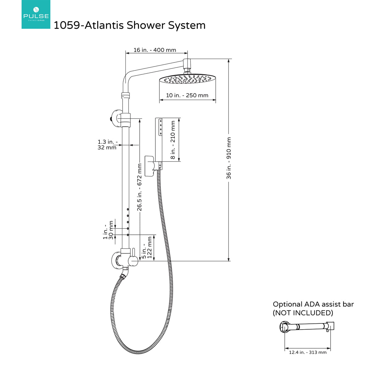 PULSE Showerspas 1059-BN-1.8GPM Atlantis System with 10" Rain Showerhead, 5 Body Sprays and Hand Shower, Brushed Nickel, 1.8 GPM