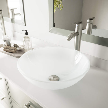 VIGO VGT270 16.5" L -16.5" W -13.0" H White Handmade Countertop Glass Round Vessel Bathroom Sink Set in White Frost Finish with Brushed Nickel Single-Handle Single Hole Faucet and Pop Up Drain