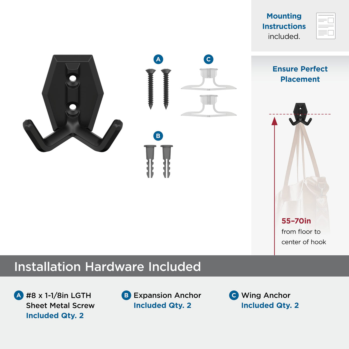 Amerock H37008MB Benton Double Prong Decorative Wall Hook Matte Black Hook for Coats, Hats, Backpacks, Bags Hooks for Bathroom, Bedroom, Closet, Entryway, Laundry Room, Office