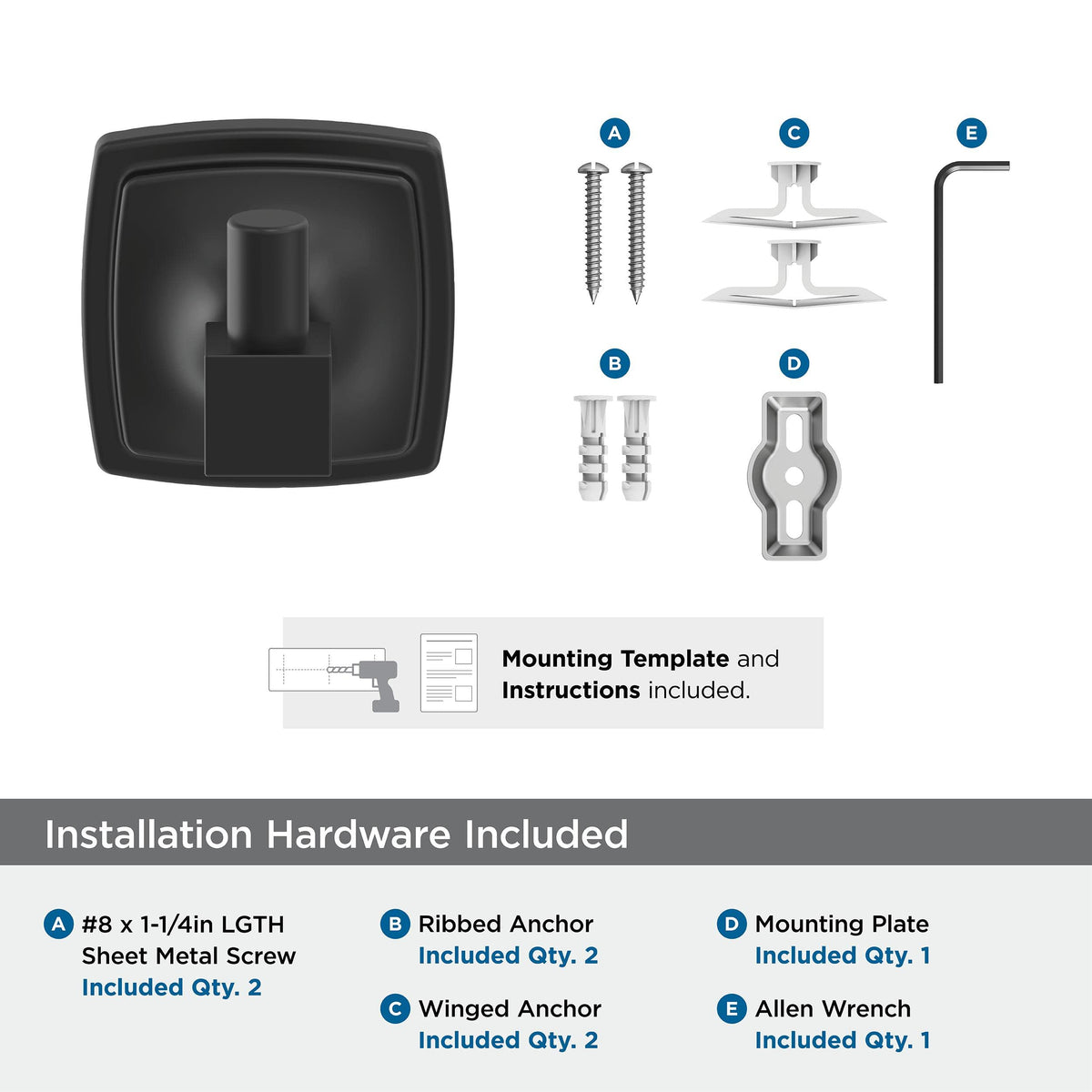 Amerock BH36090MB Matte Black Single Robe Hook 2-1/4 in. (57 mm) Length Towel Holder Stature Towel Hook for Bathroom Bathroom Hardware Bath Accessories