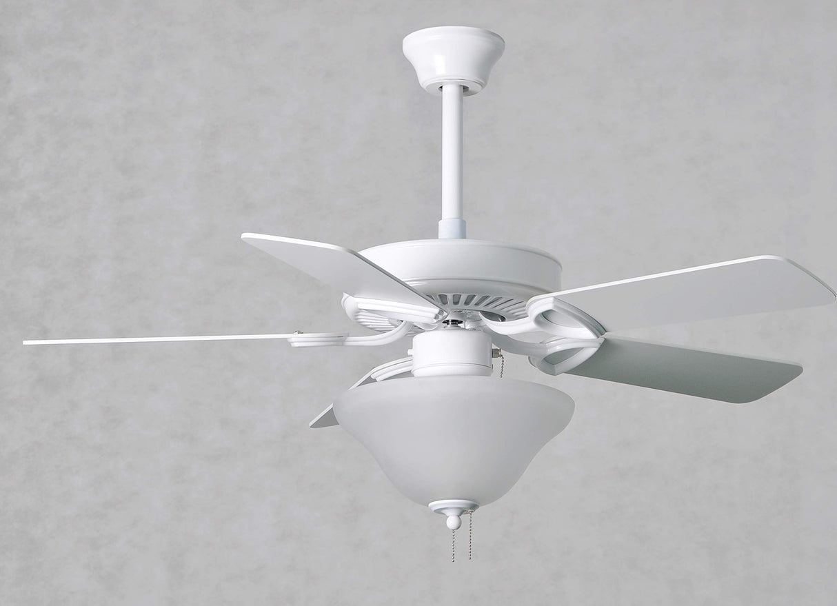 Matthews Fan AM-USA-WH-42-LK America 3-speed ceiling fan in gloss white finish with 42" white blades and light kit (2 x GU24 Socket). Assembled in USA.