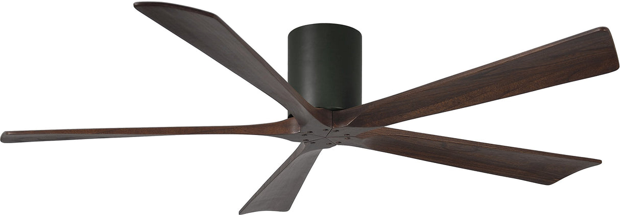 Matthews Fan IR5H-BK-WA-60 Irene-5H five-blade flush mount paddle fan in Matte Black finish with 60” solid walnut tone blades. 