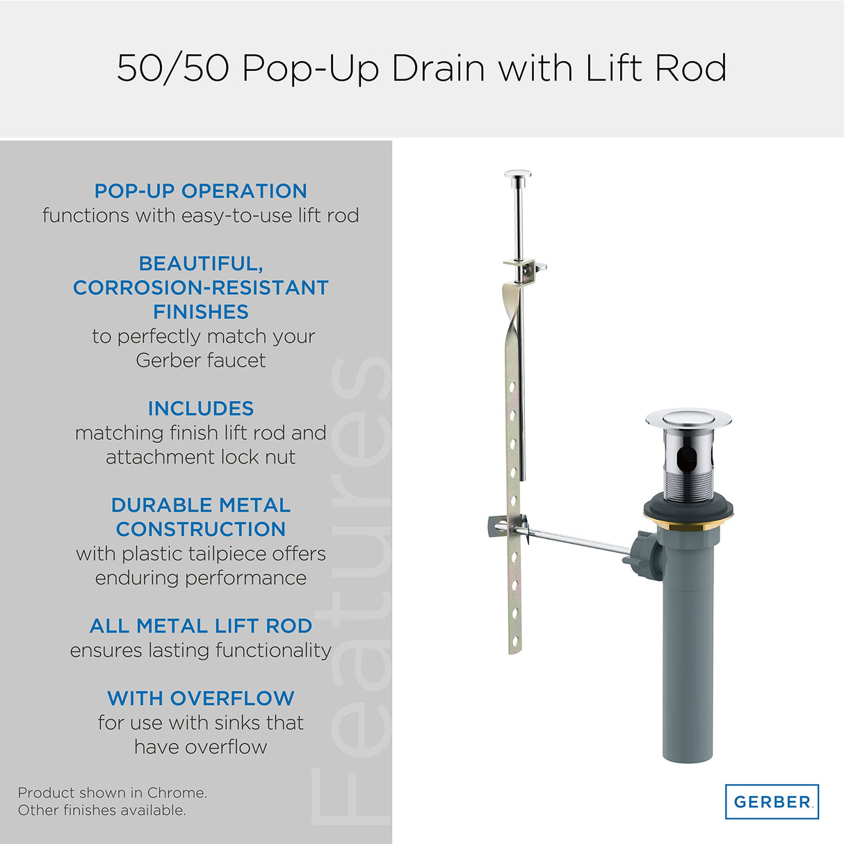 Gerber GA605254BS 1 1/4" 50/50 Pop-up Drain Assembly With Lift Rod - Satin Black