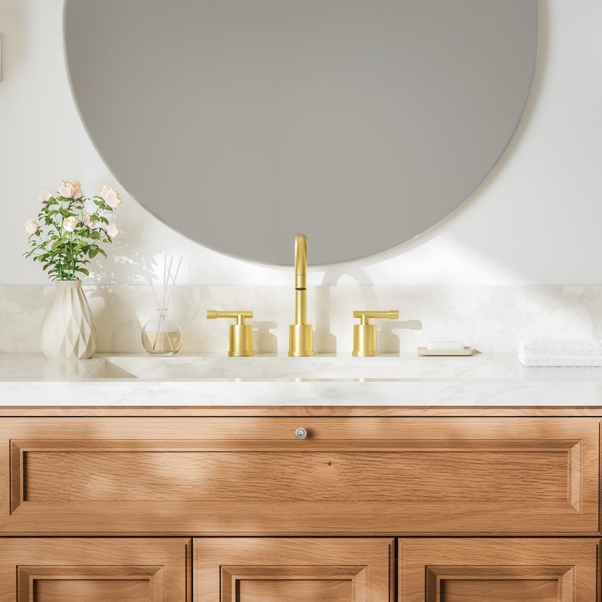 8-Inch Three-Hole Bathroom Faucet with Pull-Down Sprayer, Widespread Design, Metal Pop-Up Drain, Water Supply Lines, and Two Handles