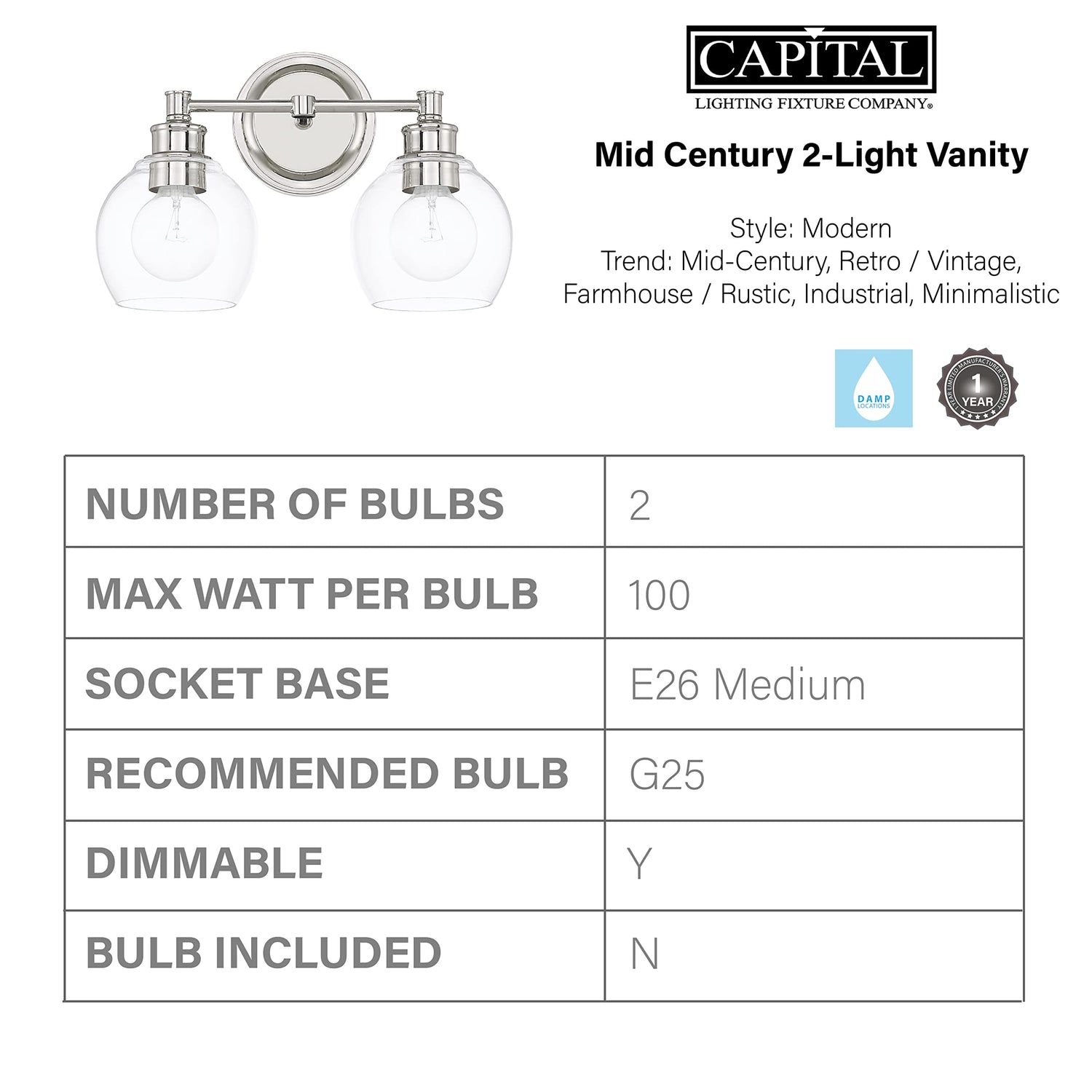 Capital Lighting 121121PN-426 Mid Century 2 Light Vanity Polished Nickel