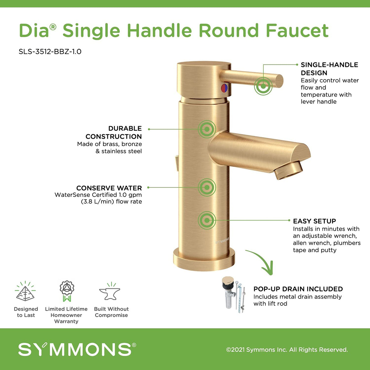 Symmons SLS-3512-BBZ-1.5 Dia Single Hole Single-Handle Bathroom Faucet with Drain Assembly in Brushed Bronze (1.5 GPM)