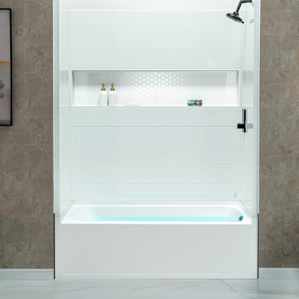 New England Home Goods 60” x 32” Four-Piece Direct-to-Stud Alcove Tub Surround with Left-Drain Hole Soaking Bathtub Combo in White