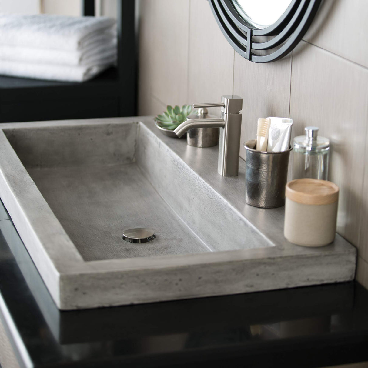 Native Trails NSL3619-A Native Stone Trough Bathroom Sink, 36" x 19", Ash, Single Faucet Hole