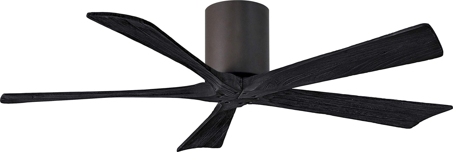 Matthews Fan IR5H-TB-BK-52 Irene-5H five-blade flush mount paddle fan in Textured Bronze finish with 52” solid matte black wood blades.