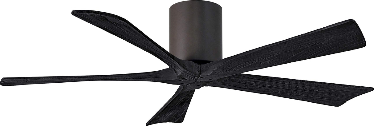 Matthews Fan IR5H-TB-BK-52 Irene-5H five-blade flush mount paddle fan in Textured Bronze finish with 52” solid matte black wood blades. 