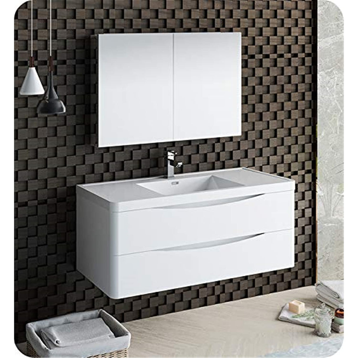 Fresca FVN9048WH Fresca Tuscany 48" Glossy White Wall Hung Modern Bathroom Vanity w/ Medicine Cabinet
