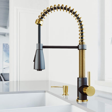 VIGO VG02003MGMBK2 19" H Brant Single-Handle with Pull-Down Sprayer Kitchen Faucet in Matte Gold/Matte Black with Soap Dispenser