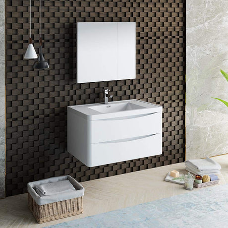 Fresca FVN9036WH Fresca Tuscany 36" Glossy White Wall Hung Modern Bathroom Vanity w/ Medicine Cabinet