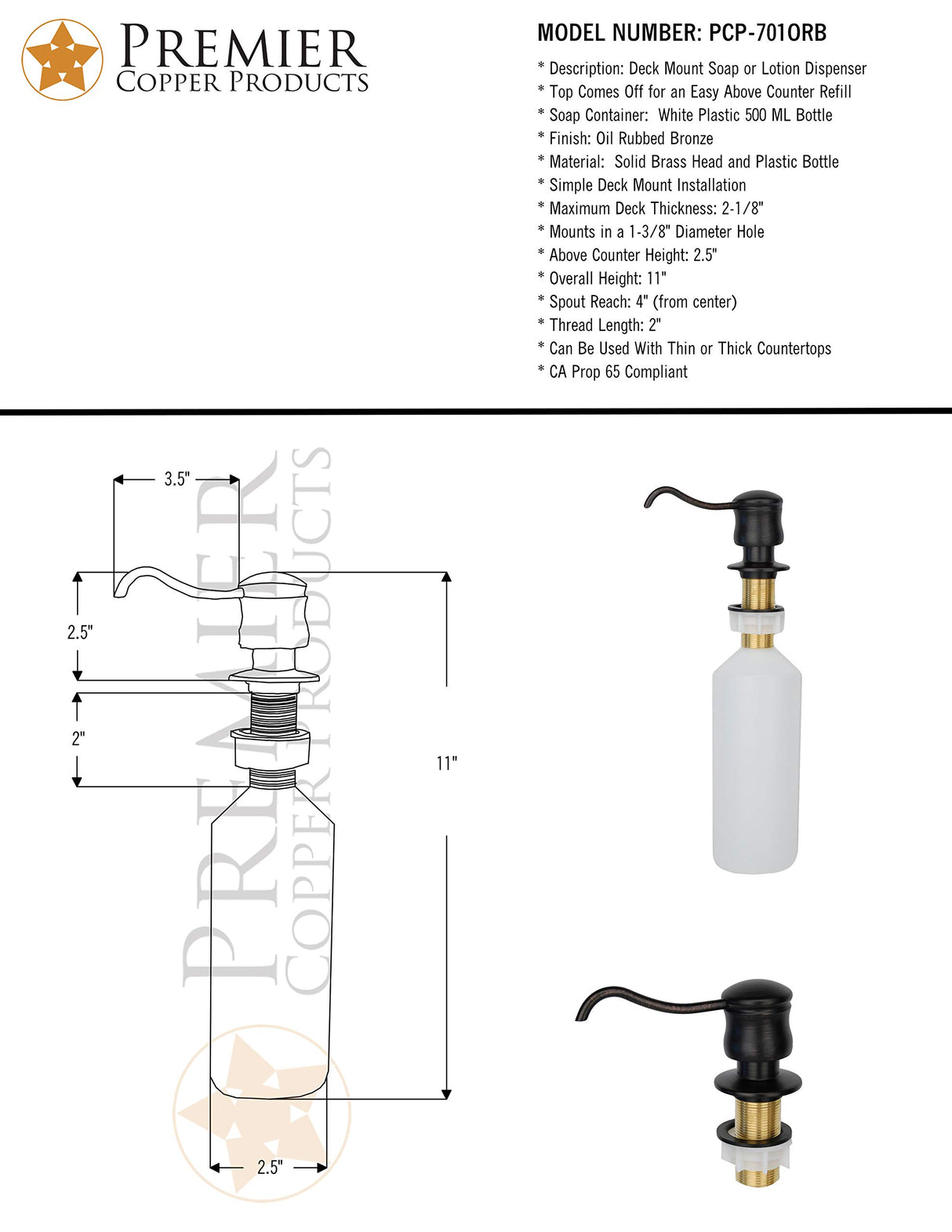 Premier Copper Products PCP-701ORB Solid Brass Soap and Lotion Dispenser, Oil Rubbed Bronze