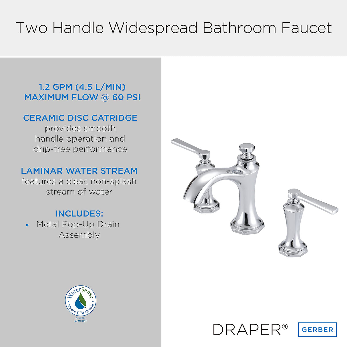 Gerber D304128 Chrome Draper Two Handle Widespread Lavatory Faucet