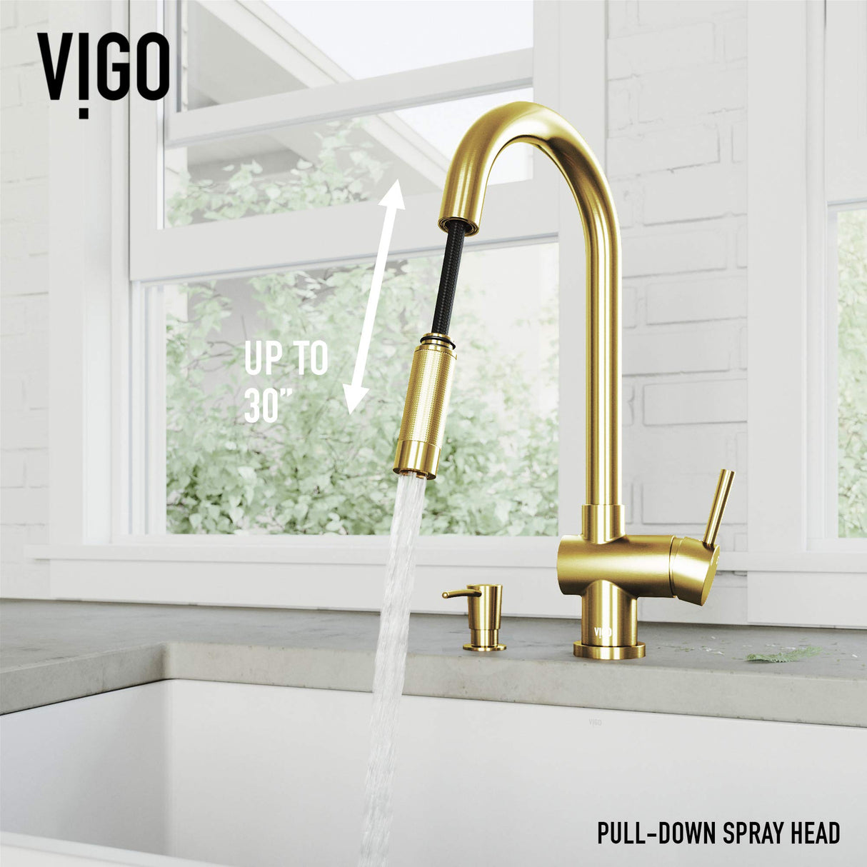 VIGO VG02008MGK2 17" H Gramercy Single-Handle with Pull-Down Sprayer Kitchen Faucet with Soap Dispenser in Matte Gold