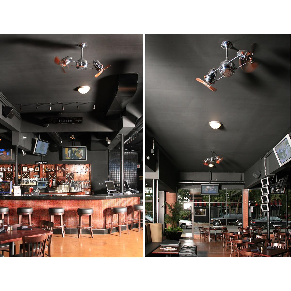 Matthews Fan DD-CR-WD-DAMP Duplo Dinamico 360” rotational dual head ceiling fan in Polished Chrome finish with solid sustainable mahogany wood blades for damp locations.