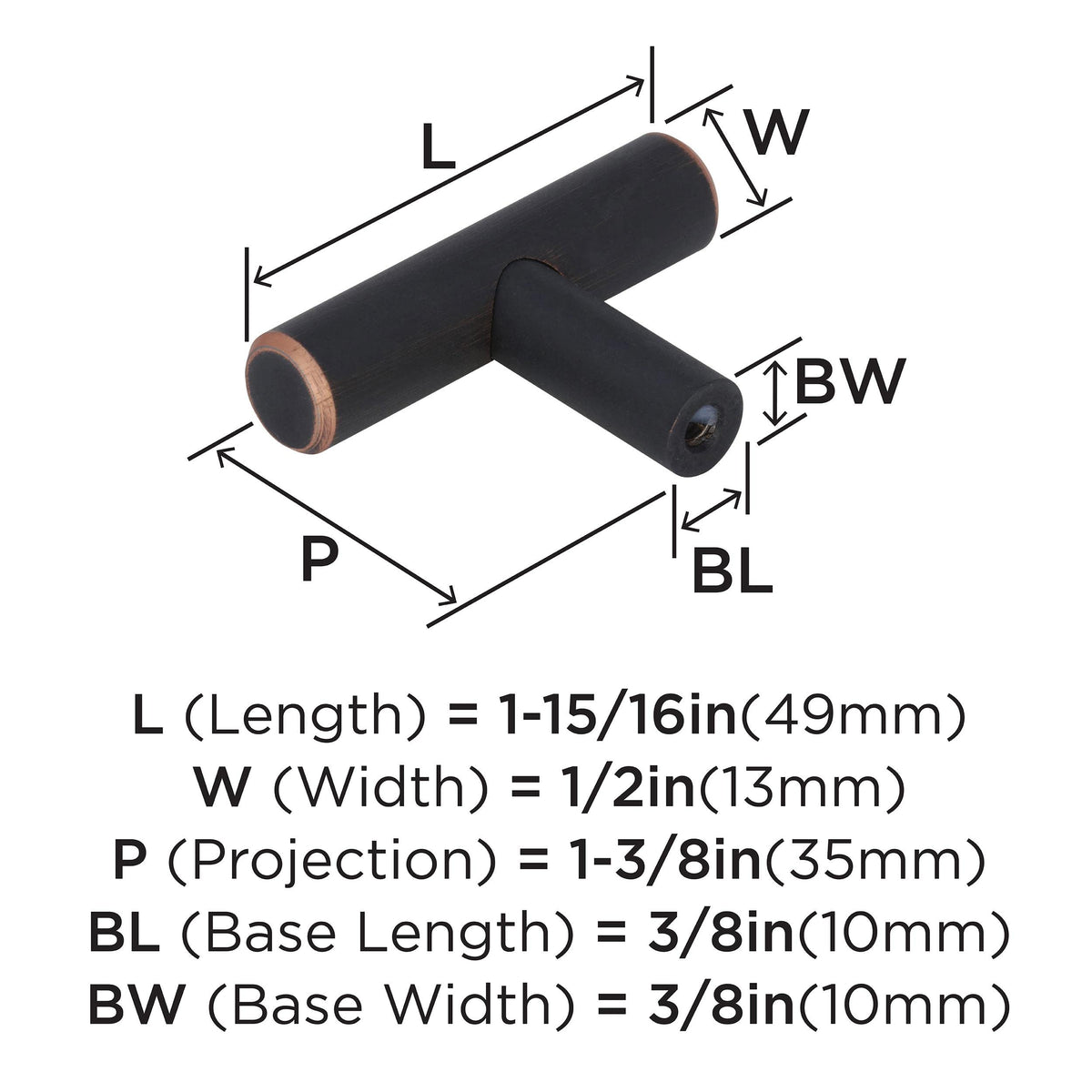 Amerock Cabinet Knob Oil Rubbed Bronze 1-15/16 inch (49 mm) Length Bar Pulls 1 Pack Drawer Knob Cabinet Hardware